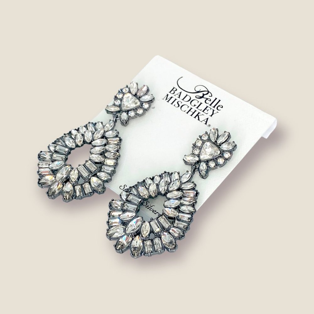 NEW Badgley Mischka Pewter Crystal Statement Hoop Chandelier Earrings Gunmetal